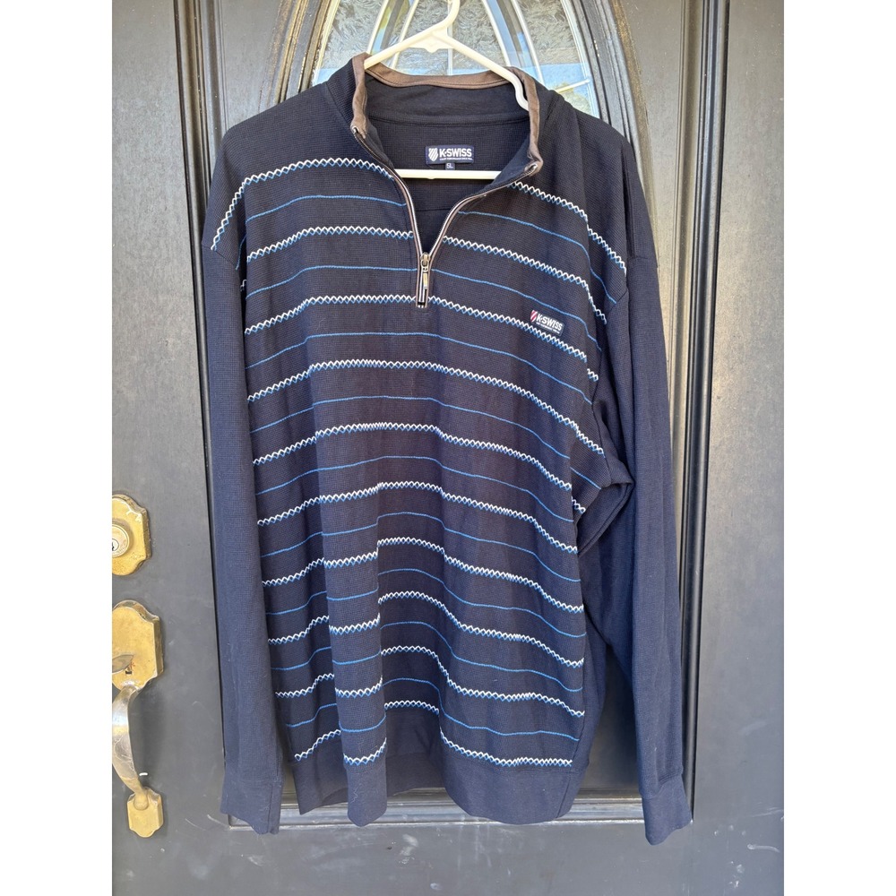 K-Swiss Mens 5L Navy‎ Blue Waffle Knit Quarter Zip Striped Pullover Sweatshirt